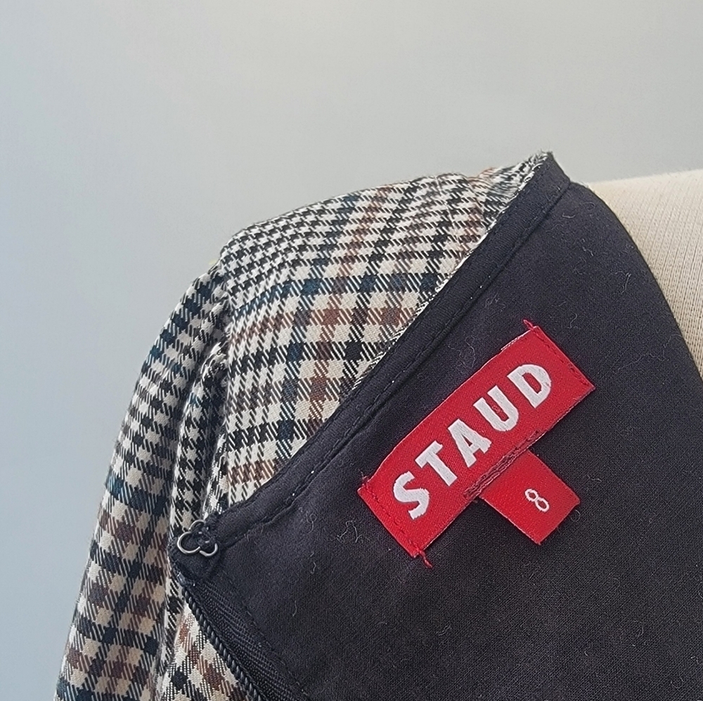 STAUD Plaid Mini Dress Size 8 Glen Check Gray Brown Faux Leather Minimalist Boho - Picture 5 of 16